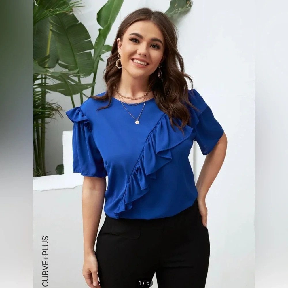 Plus Ruffle Trim Solid Blouse - Picture 1 of 1